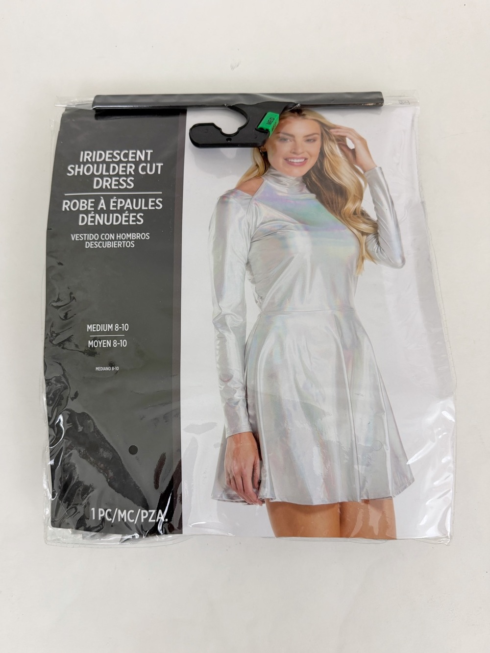 Iridescent Shoulder-Cut Long Sleeve Dress - Silver Halloween Costume Alien